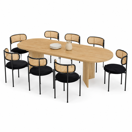 Ensemble Repas 9 Pièces Avec Table Extensible 140-180 Cm Et 8 Chaises En Rotin, Bois Clair