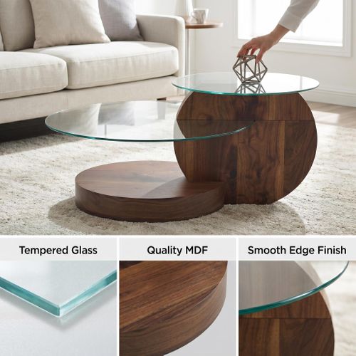 Table Basse Design 90 X 70 X 44 Cm à Double Plateau Rond En Verre Pour Salon, Bois Foncé