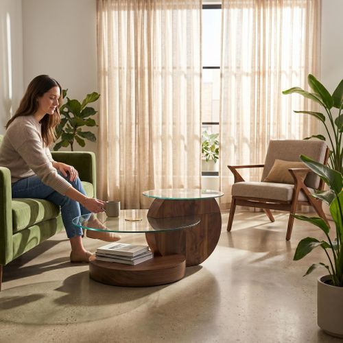 Table Basse Design 90 X 70 X 44 Cm à Double Plateau Rond En Verre Pour Salon, Bois Foncé