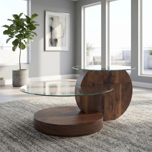 Table Basse Design 90 X 70 X 44 Cm à Double Plateau Rond En Verre Pour Salon, Bois Foncé
