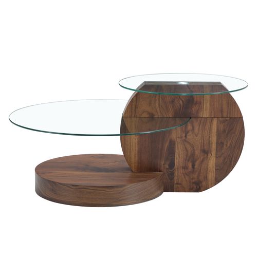 Table Basse Design 90 X 70 X 44 Cm à Double Plateau Rond En Verre Pour Salon, Bois Foncé
