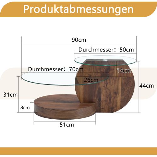 Table Basse Design 90 X 70 X 44 Cm à Double Plateau Rond En Verre Pour Salon, Bois Foncé