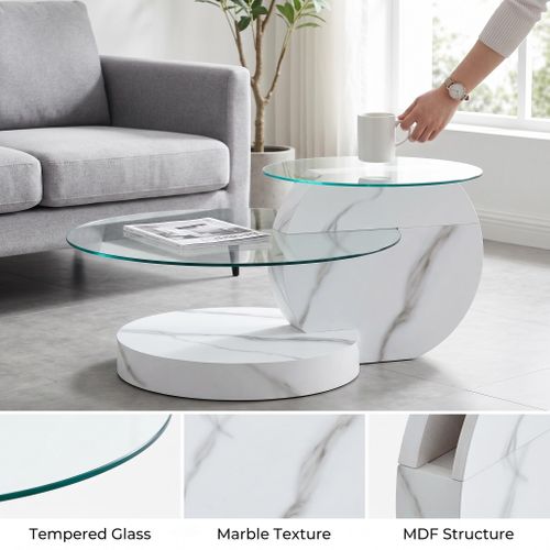 Table Basse Design 90 X 70 X 44 Cm à Double Plateau Rond En Verre Pour Salon, Blanc