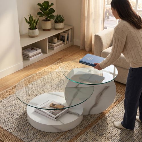 Table Basse Design 90 X 70 X 44 Cm à Double Plateau Rond En Verre Pour Salon, Blanc