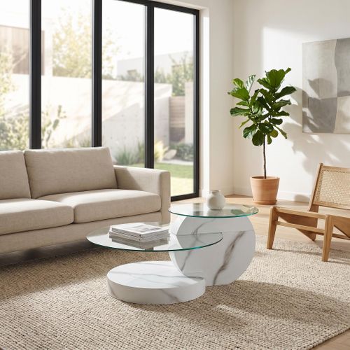 Table Basse Design 90 X 70 X 44 Cm à Double Plateau Rond En Verre Pour Salon, Blanc