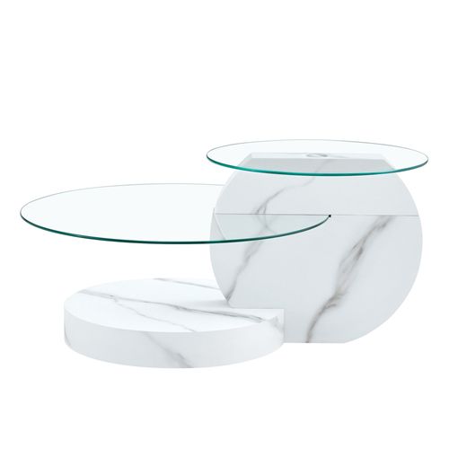 Table Basse Design 90 X 70 X 44 Cm à Double Plateau Rond En Verre Pour Salon, Blanc