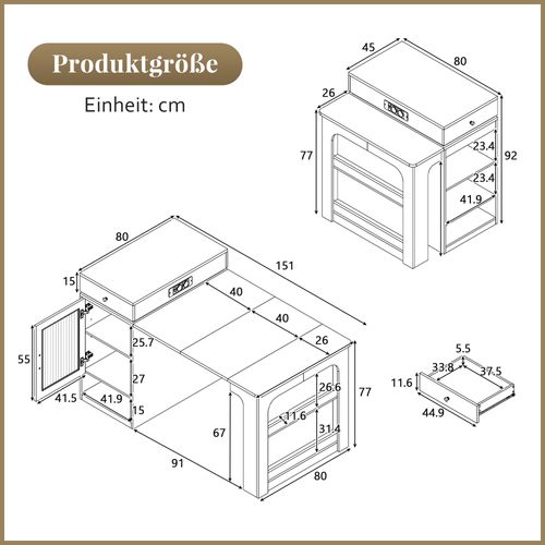 Ensemble repas 3 pièces, table avec rangement, prise et 2 chaises, Rond