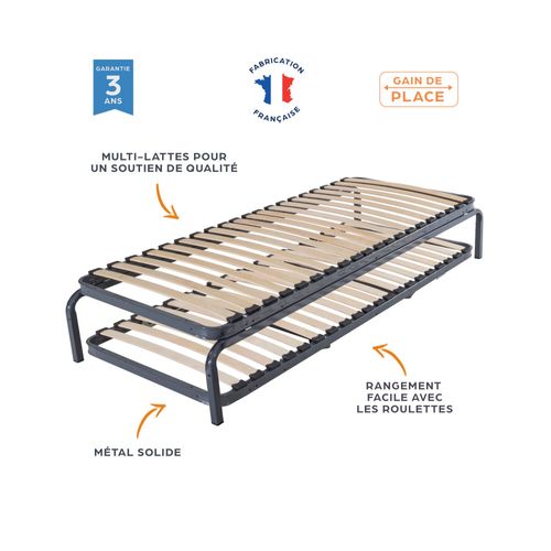 Ensemble Lit Gigogne Métal 80x190 - 20 Lattes Bois - Gain De Place - Made In France