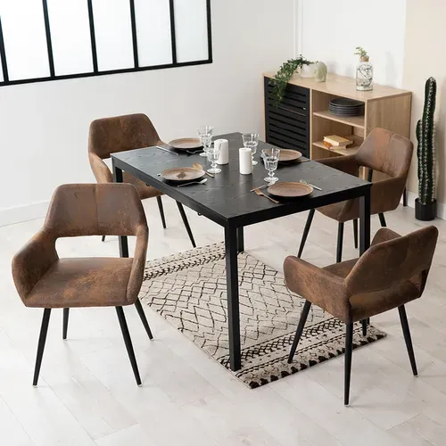 Lot De 4 Chaises De Salle À Manger Fauteuil Vintage Assise Rembourrée En En Suédine, Marron