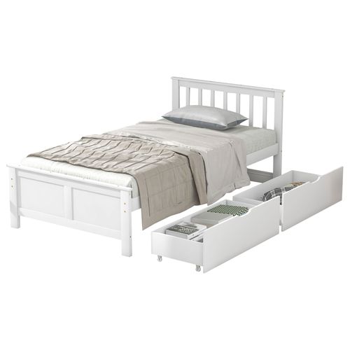 Lit 90 X 200 Cm 2 Tiroirs Et Sommier Inclus Blanc Et Bois