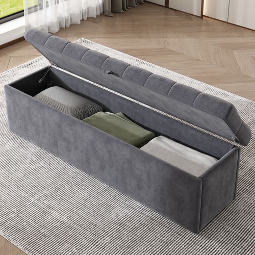 Banc De Rangement Pliable, Bout De Lit, 138x41x42 Cm, Gris Foncé Tissu Façon Velours, Charge 200 Kg