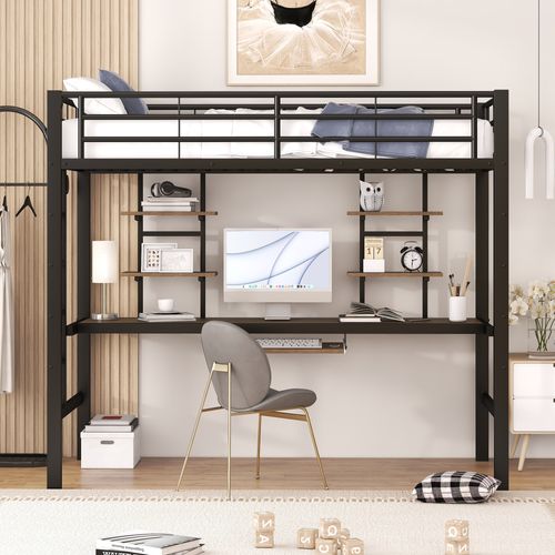 Lit Mezzanine Avec Bureau Et Bibliothèque 90 X 200 Cm Noir