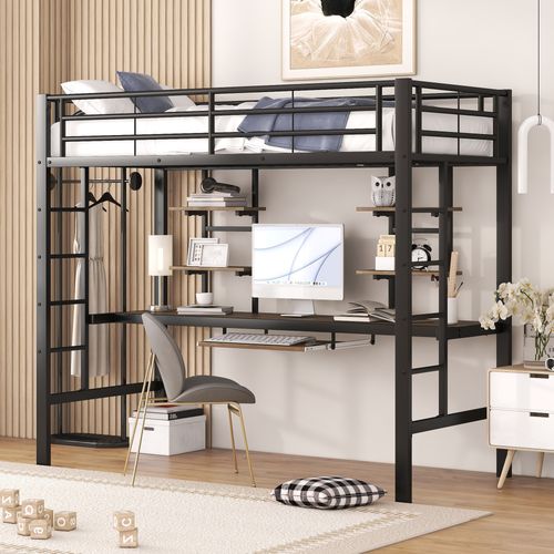 Lit Mezzanine Avec Bureau Et Bibliothèque 90 X 200 Cm Noir