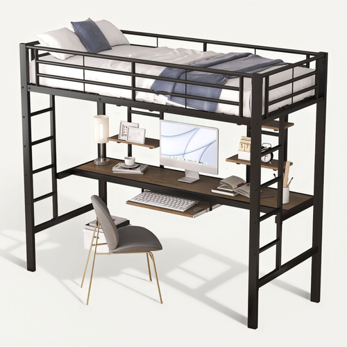 Lit Mezzanine Avec Bureau Et Bibliothèque 90 X 200 Cm Noir