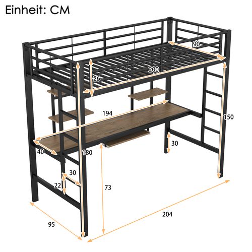 Lit Mezzanine Avec Bureau Et Bibliothèque 90 X 200 Cm Noir
