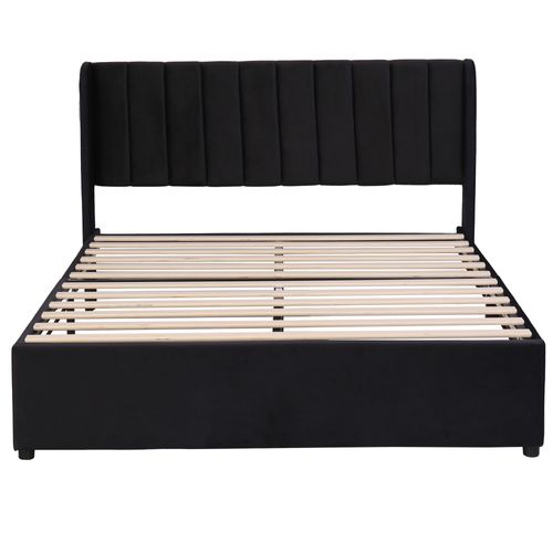 Lit Capitonné Double 140 X 200 Cm  En Velours Avec 2 Tiroirr, Sommier à Lattes Inclus, Noir