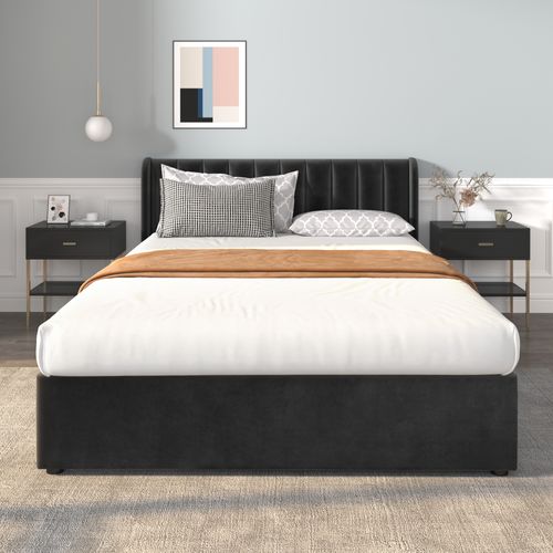 Lit Capitonné Double 140 X 200 Cm  En Velours Avec 2 Tiroirr, Sommier à Lattes Inclus, Noir