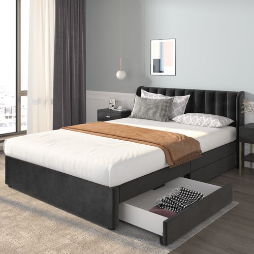 Lit Capitonné Double 140 X 200 Cm  En Velours Avec 2 Tiroirr, Sommier à Lattes Inclus, Noir