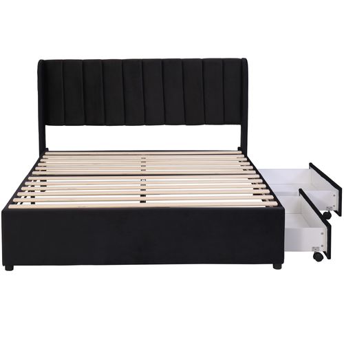 Lit Capitonné Double 140 X 200 Cm  En Velours Avec 2 Tiroirr, Sommier à Lattes Inclus, Noir