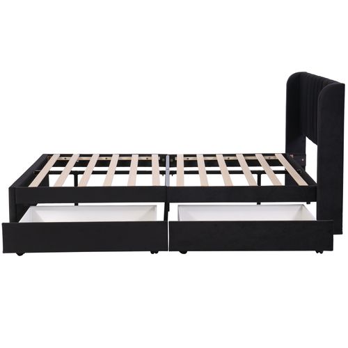 Lit Capitonné Double 140 X 200 Cm  En Velours Avec 2 Tiroirr, Sommier à Lattes Inclus, Noir