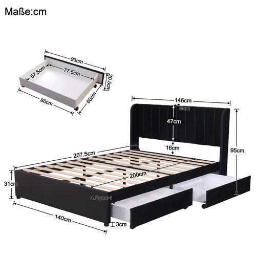 Lit Capitonné Double 140 X 200 Cm  En Velours Avec 2 Tiroirr, Sommier à Lattes Inclus, Noir