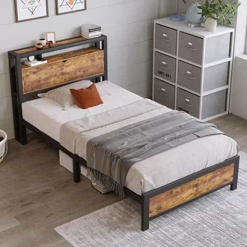 Cadre De Lit Noir Métal De Style Industriel Avec Rangement 90 X 200 Cm