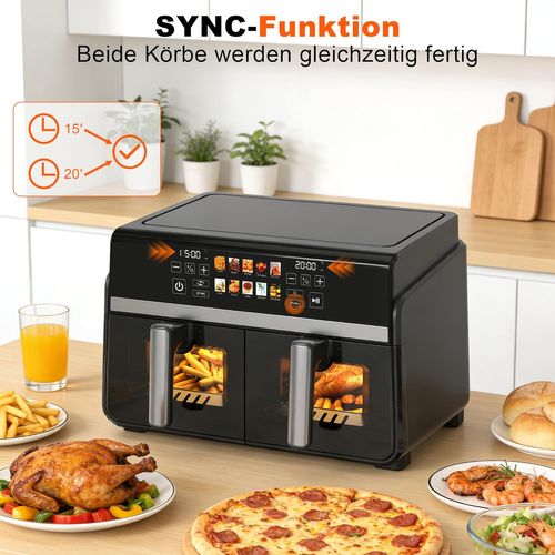 Friteuse Sans Huile Dual Zone 10L XXL Air fryer 2200 W Écran Tactile Compatible Lave-vaisselle