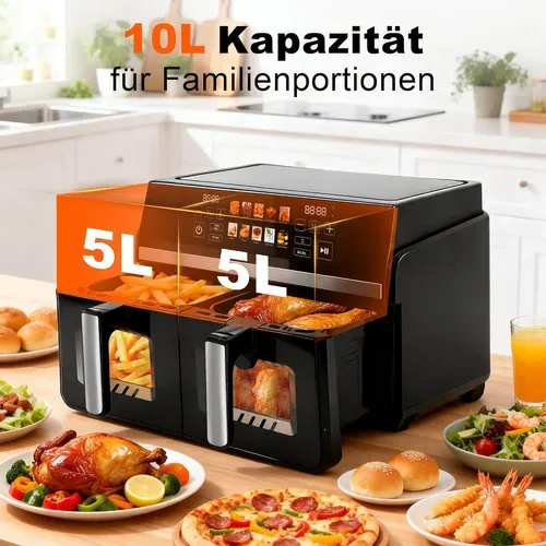 Friteuse Sans Huile Dual Zone 10L XXL Air fryer 2200 W Écran Tactile Compatible Lave-vaisselle