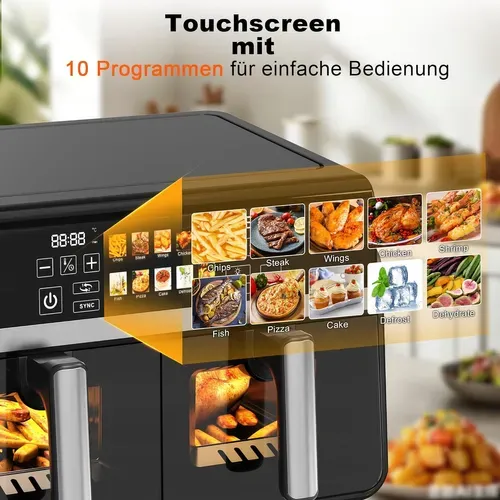 Friteuse Sans Huile Dual Zone 10L XXL Air fryer 2200 W Écran Tactile Compatible Lave-vaisselle