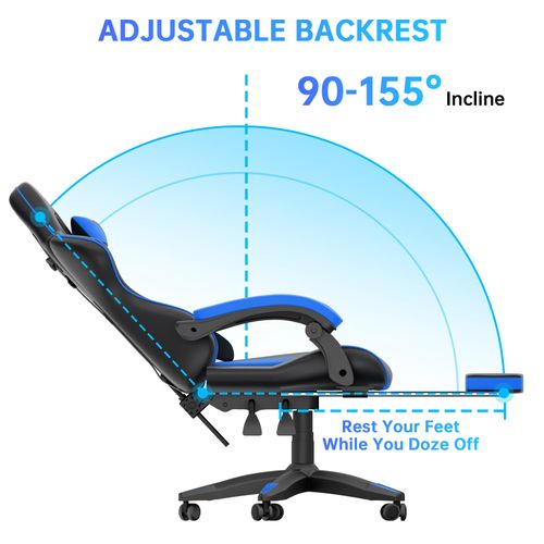Fauteuil Gaming Ergonomique Avec Repose-pieds, Coussin Lombaire, Appui-tête, Réglable - Noir Et Bleu