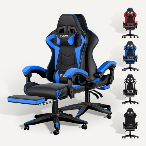 Fauteuil Gaming Ergonomique Avec Repose-pieds, Coussin Lombaire, Appui-tête, Réglable - Noir Et Bleu