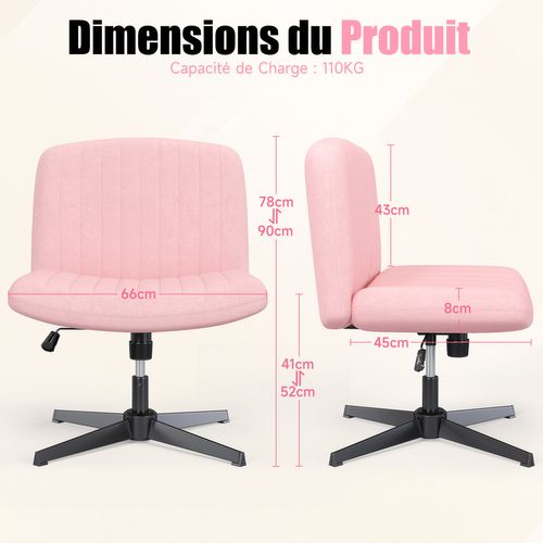Chaise De Bureau Pivotante En Velours, Sans Accoudoirs, Hauteur Réglable - Rose