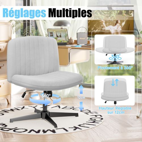Chaise De Bureau Pivotante En Velours, Sans Accoudoirs, Hauteur Réglable - Gris