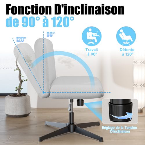 Chaise De Bureau Pivotante En Velours, Sans Accoudoirs, Hauteur Réglable - Gris