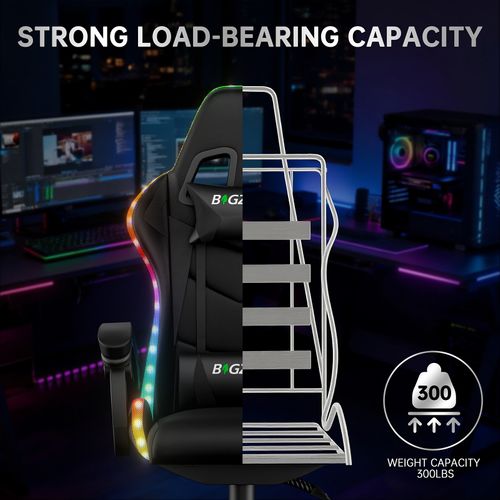 Fauteuil Gaming Ergonomique LED, Dossier Réglable, Support Lombaire Et Appui-tête - Noir