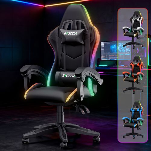 Fauteuil Gaming Ergonomique LED, Dossier Réglable, Support Lombaire Et Appui-tête - Noir