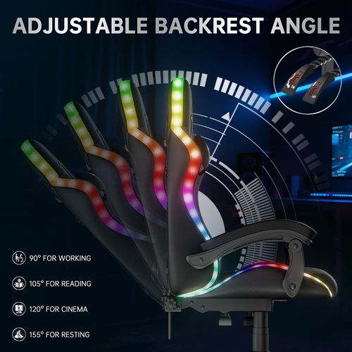 Fauteuil Gaming Ergonomique LED, Dossier Réglable, Support Lombaire Et Appui-tête - Noir