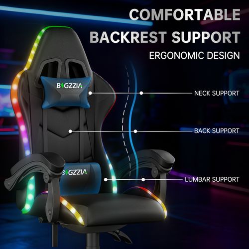 Fauteuil Gaming Ergonomique LED, Dossier Réglable, Support Lombaire Et Appui-tête - Noir