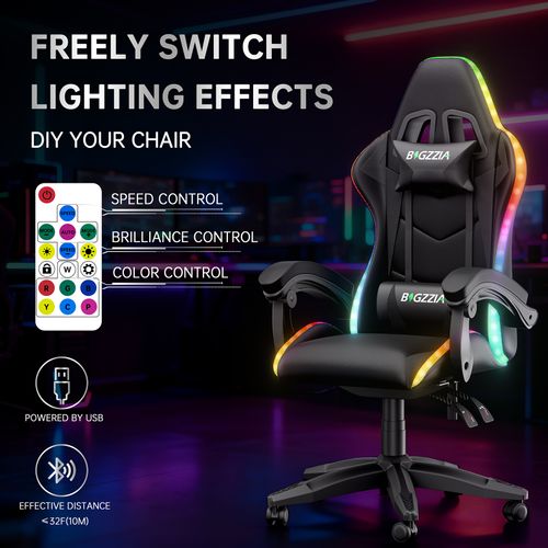 Fauteuil Gaming Ergonomique LED, Dossier Réglable, Support Lombaire Et Appui-tête - Noir