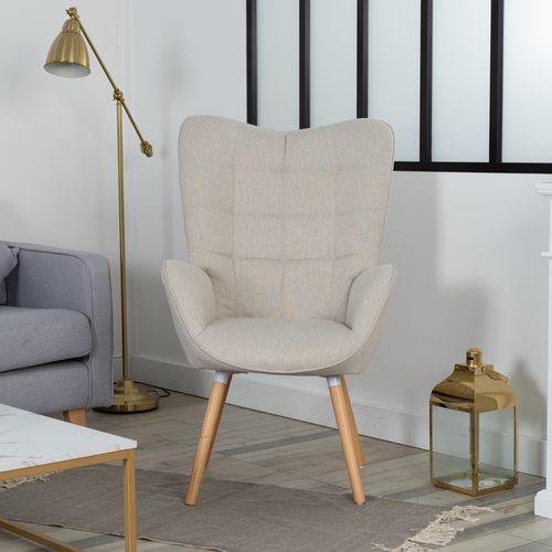 Fauteuil Relax Fauteuil De Bureau Style Scandinave En Tissu Beige Avec Pieds En Hêtre Massif