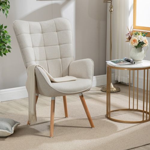 Fauteuil Relax Fauteuil De Bureau Style Scandinave En Tissu Beige Avec Pieds En Hêtre Massif