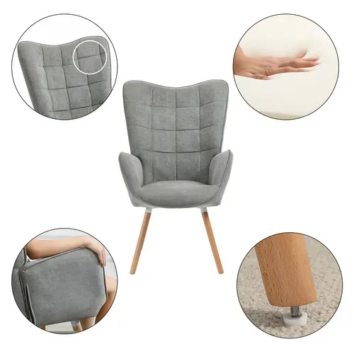 Fauteuil Relax Fauteuil De Bureau Style Scandinave En Tissu Gris Avec Pieds En Hêtre Massif