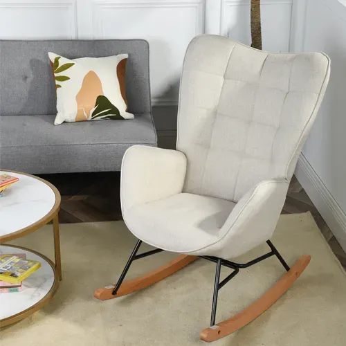 Fauteuil À Bascule Rocking Chair Scandinave En Tissu Avec Pieds En E' Bois Métal, Beige