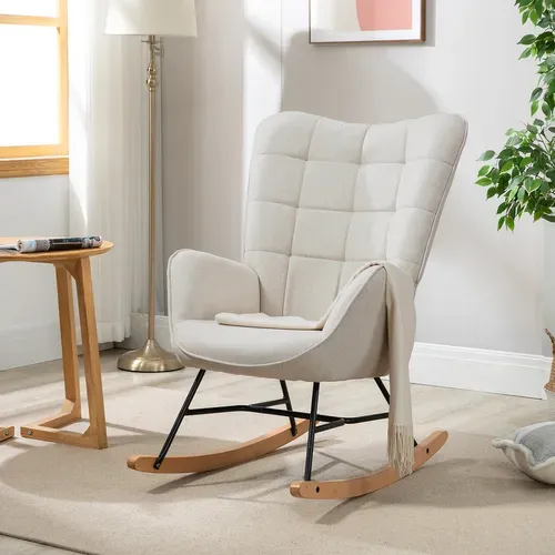 Fauteuil À Bascule Rocking Chair Scandinave En Tissu Avec Pieds En E' Bois Métal, Beige