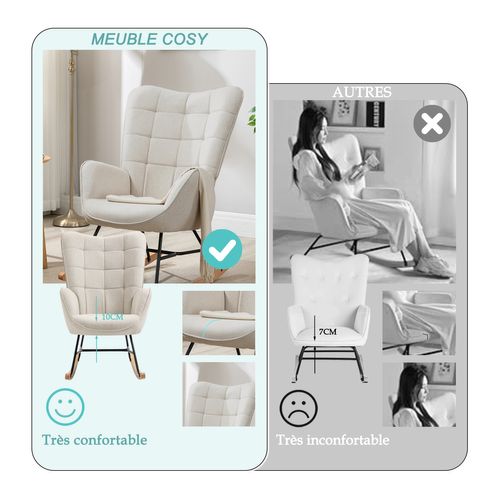 Fauteuil À Bascule Rocking Chair Scandinave En Tissu Avec Pieds En E' Bois Métal, Beige