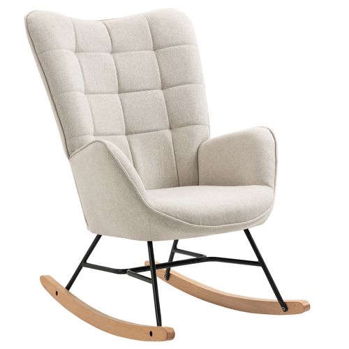 Fauteuil À Bascule Rocking Chair Scandinave En Tissu Avec Pieds En E' Bois Métal, Beige
