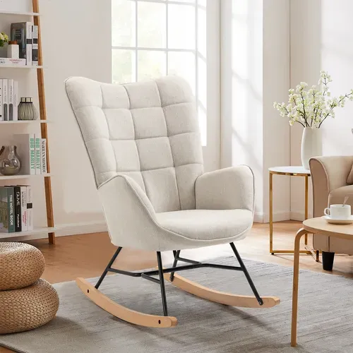 Fauteuil À Bascule Rocking Chair Scandinave En Tissu Avec Pieds En E' Bois Métal, Beige