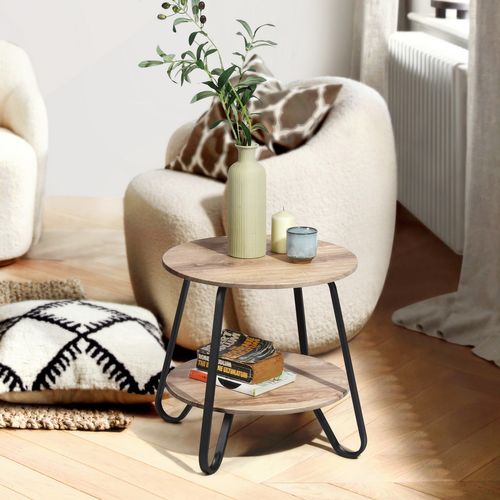 Table D'appoint Scandinave Ronde Bouts De Canapé Design À 2 Niveaux Guéridon, Beige
