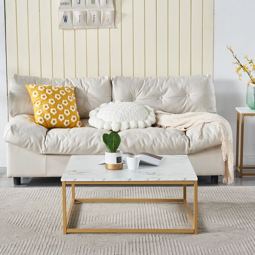 Table Basse De Salon Carré Effet Marbré Structure En Métal 80x80x34cm, Blanc et Doré