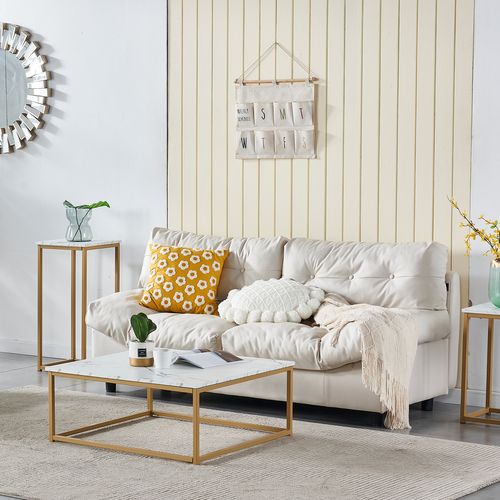 Table Basse De Salon Carré Effet Marbré Structure En Métal 80x80x34cm, Blanc et Doré